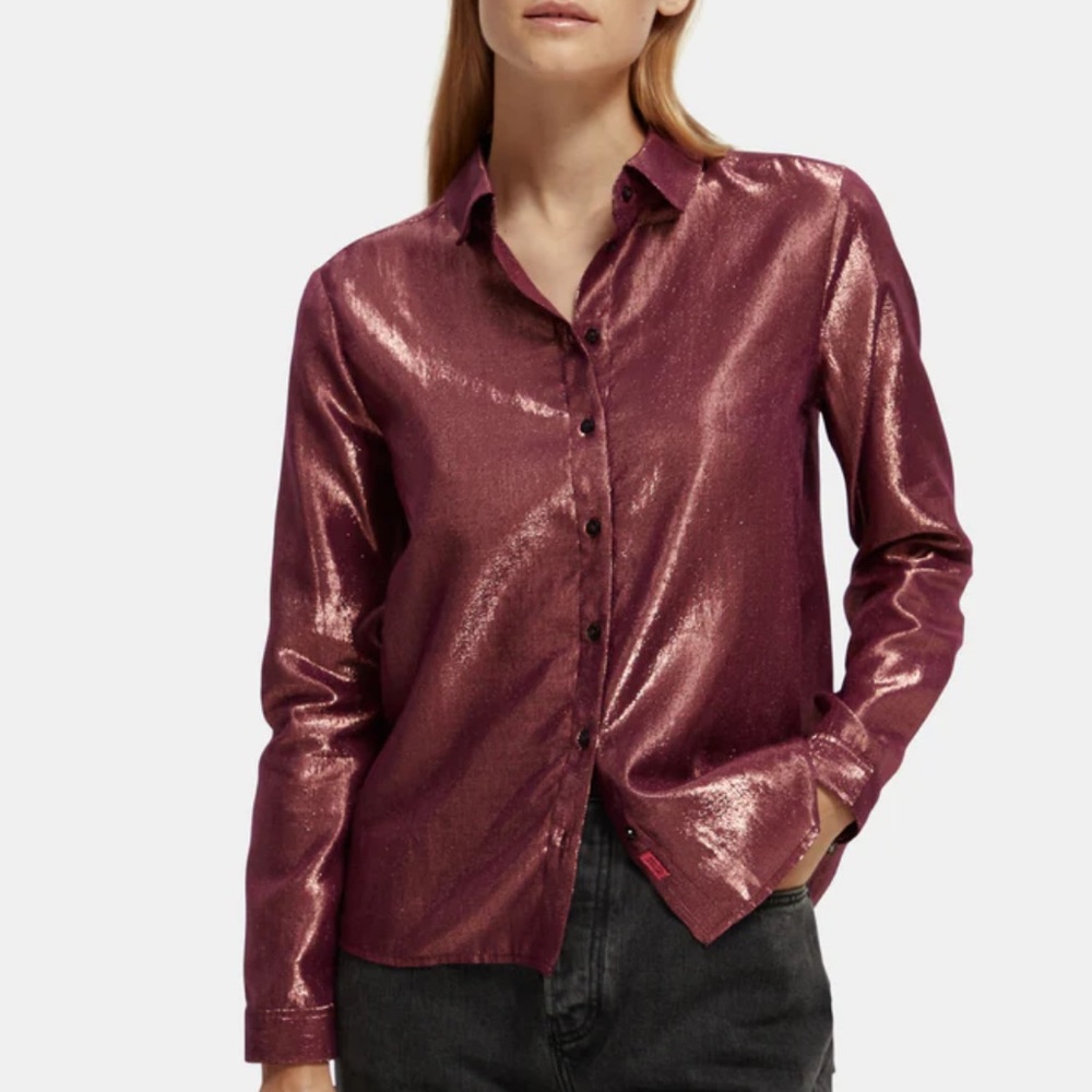 Scotch & Soda Cotton/Lurex Regular Fit Button Down Shirt in Aubergine.